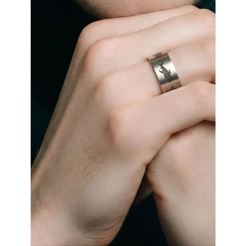 Shark Embossed Stainless Steel Band Ring – 8mm | Teen / Tween Boys Fish Jewelry